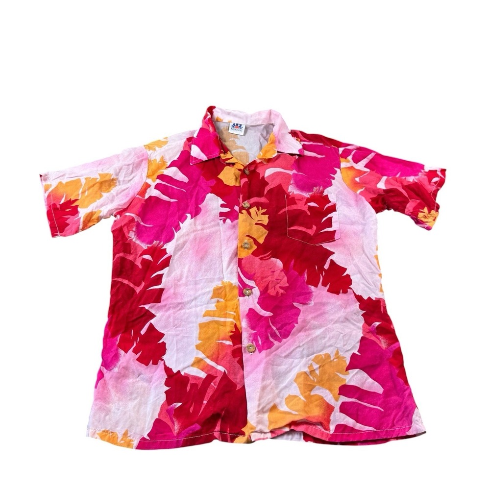 Sundek VTG Pink Orange Hawaiian Cotton Men's USA Button Front Size Medium